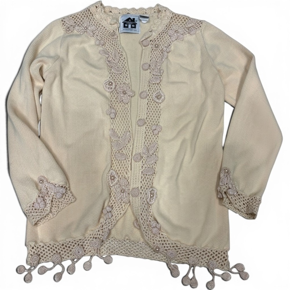 Storybook Knits Vintage Cream Crochet Lace Floral Pearl Sweater Womens XS